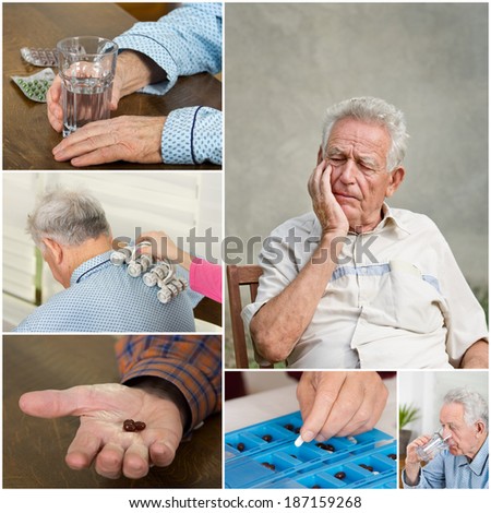 Collage of old man with pain and medicals