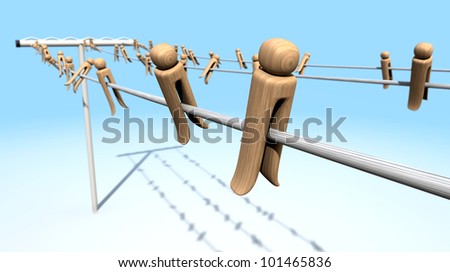 A collection of clothing pegs on a clothes line