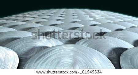 A close up perspective view of shiny metallic stylized fish scales