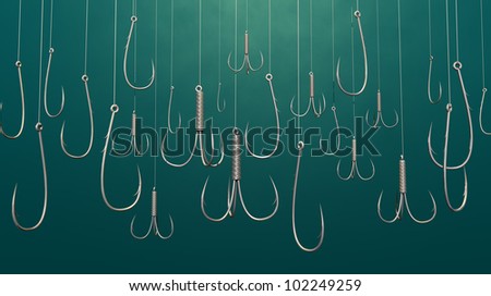 An array of fishing hooks in various sizes and shapes dangling underwater