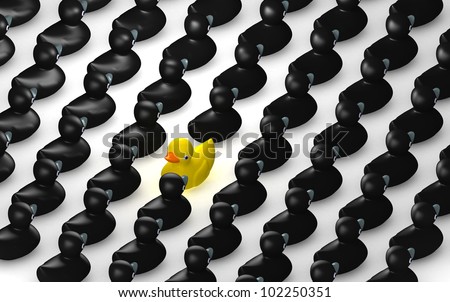 A non-conformist depiction of a yellow rubber bath duck swimming against the flow of black rubber ducks.