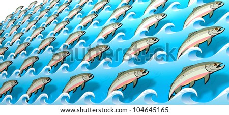 A stylization of the great salmon migrations with cutouts of pink salmon in rows in between rows of blue water all swimming in the same direction