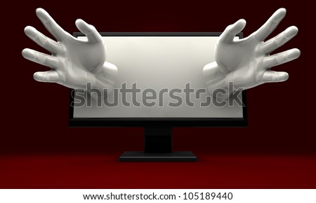 A pair of hands reaching out from a lcd computer monitor encroaching on the user