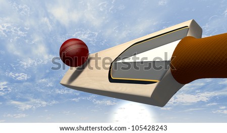 A floating cricket bat hitting a red leather cricket ball against a blue sky