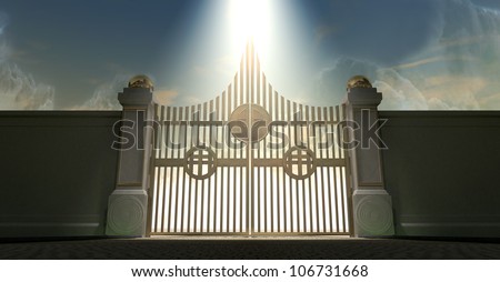 The pearly gates of heaven with the bright side of heaven contrasting with the duller foreground and an ethereal spotlight