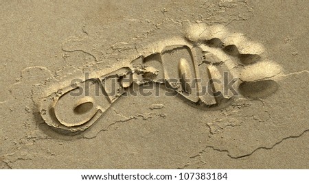 A footprint in some beach sand with the tread shape spelling out the word carbon