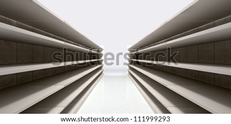 A perspective view of a shopping aisle with empty shelves
