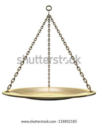 A gold scales weighing dish suspended by three chains on an isolated backgrounds