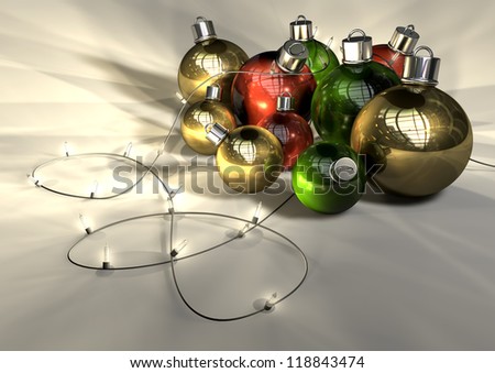 Regular green read and gold christmas baubles with a string of illuminated fairy lights draped over them