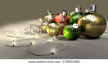 Regular green read and gold christmas baubles with a string of illuminated fairy lights draped over them