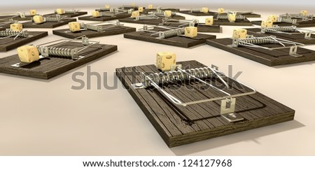 A array of regular wood and metal mousetraps each baited with a block of cheese on an isolated background