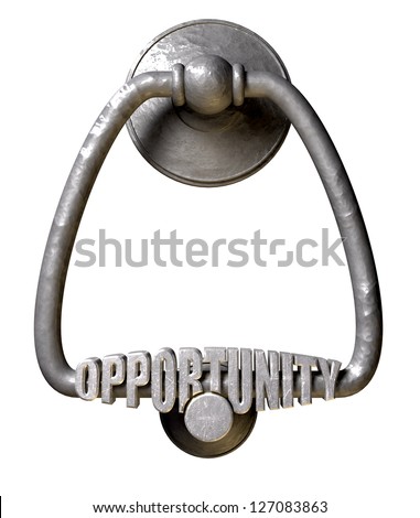 A metal door knocker with the word opportunity extruded on it on an isolated background