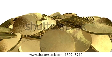 A closeup shot of a scattered heap of gold coins on an isolated background