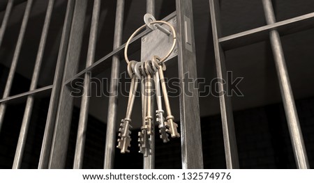 A closeup of the lock of a  jail cell with iron bars and a bunch of key in the locking mechanism with the door open