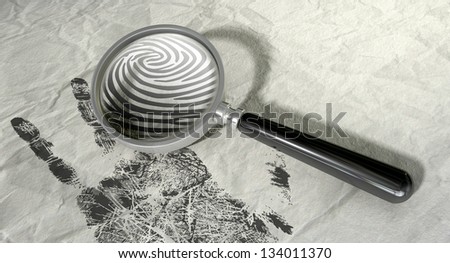 A regular magnifying glass magnifying the fingerprint of a hand print on a crumpled paper