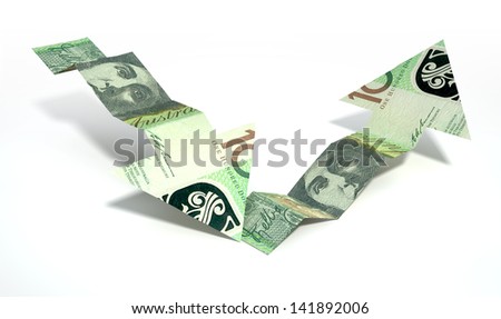 Two arrow graph trend shaped 100 australian dollar bank notes showing an economic downward trend recovering to an upward trend on an isolated background