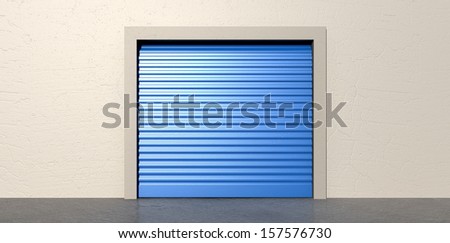 A front view of a storage room with a closed blue roller door on an isolated white wall background