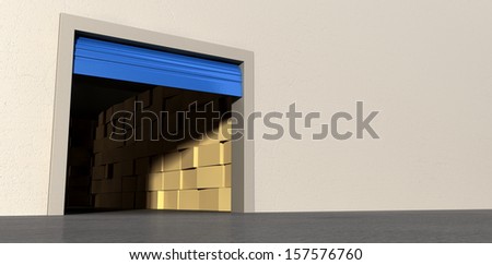 A perspective view of a storage room with an open blue roller door filled with stacks of cardboard boxes on an isolated white wall background