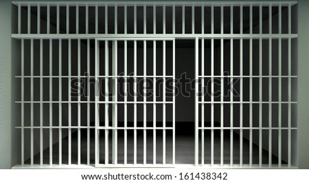 A front view of a full brick jail cell with white iron bars and an open sliding bar door on a dark background