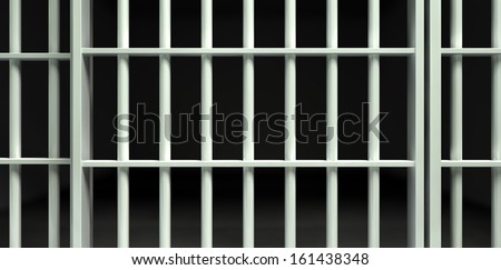 A front view of white iron jail cell bars and a closed sliding bar door on a dark background