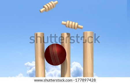 A red leather cricket ball hitting wooden cricket wickets on an isolated white background