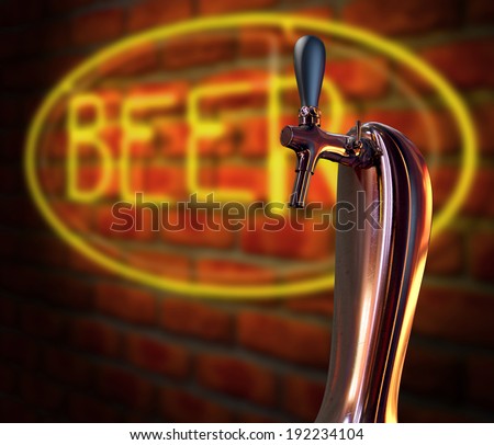 A regular chrome draught beer tap on a facebrick wall background with a neon beer sign illuminated in the background