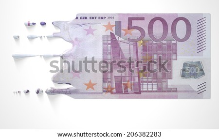 A concept image showing a regular Euro banknote that is half melted and liquefied dripping on an isolated studio background