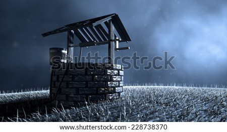 A haunting view of a brick water well with a wooden roof and bucket attached to a rope in a grassy meadow lit by an early evening moon on a dark background