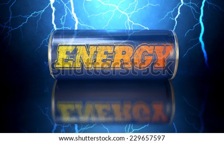 A blue energy drink shaped tin can with the word energy written on it on an electric lightning storm background