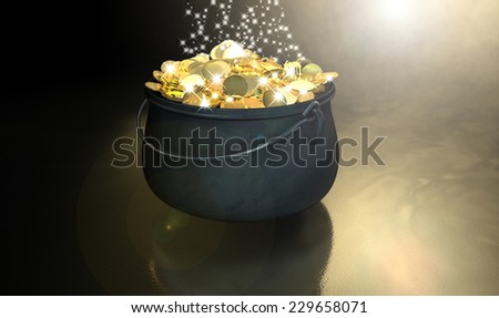 A cast iron pot filled with gold coins and magical sparkles on a dark eerie spotlit  background