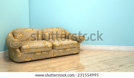 An old vintage sofa with a floral fabric in the corner of an empty room with light blue wall and a reflective wooden floor