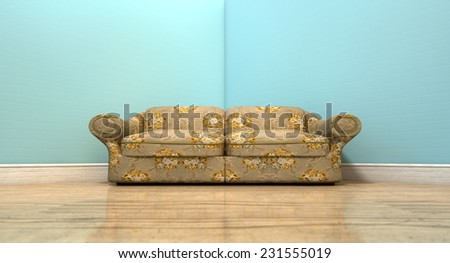 An old vintage sofa with a floral fabric in the corner of an empty room with light blue wall and a reflective wooden floor