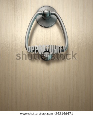 A metal door knocker with the word opportunity extruded on it mounted on a wooden door background with copy space