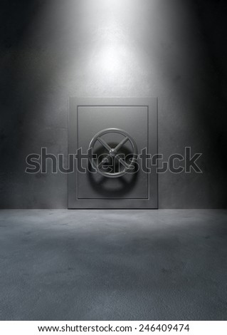 The metallic bank vault door in an isolated concrete room