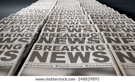 A long row of folded newspapers at the end of a press run with a generic headline that reads breaking news on the front page on an isolated white background