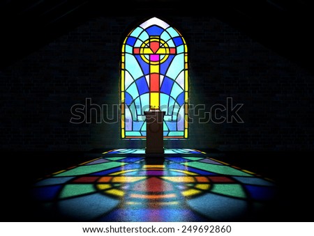 A dim old church interior lit by suns rays penetrating through a colourful stained glass window in the pattern of a crucifix reflecting colours on the floor and a speech pulpit