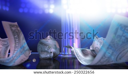 An isolated stripper pole on a stage lit by a single spotlight with only one crumpled up one dollar bill tip on a strip club background
