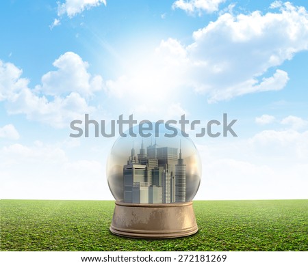 A snow globe with a city surrounded by pollution and smog on a perfect flat green lawn against a blue sky with white clouds