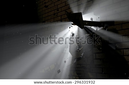 A dark side of a wall being broken and shattered by a wrecking ball with light emanating through