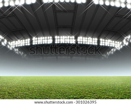 A generic indoor stadium with an unmarked green grass pitch at night under illuminated floodlights