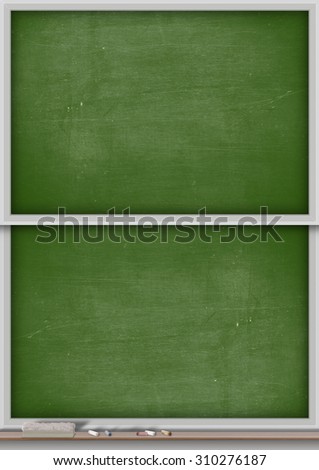A rectangular green chalkboard with a metal frame split into two sections with a wooden ledge chalk and a duster
