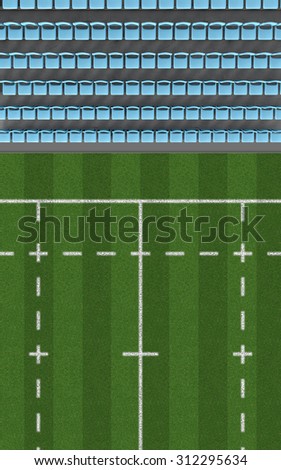 A direct top view of a section of a rugby stadium with a marked grass field in the daytime