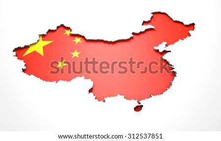 The shape of the country of China in the colors of its national flag recessed into an isolated white surface
