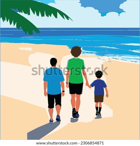 ather and son walking on the beach. vector illustration in flat style