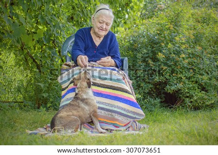 Happy old woman sitting on a chair and feeding her little dog
