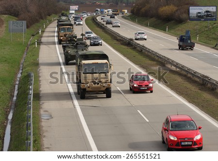 BRNO,CZECH REPUBLIC-MARCH 30,2015: Dragoon Ride -US army convoy drives on March 30,2015  through Brno , returns from the Baltic countries to a German base, enters the territory of the Czech Republic