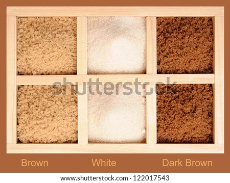 Three kinds of sugars in wooden box