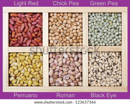 Beans: Perruano, Roman, Black Eye, Light Red, Chick Pea, and Green Pea