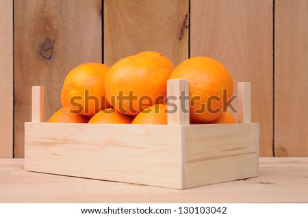 naval orange fruit in crate on wooden shelf