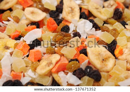 dried pineapple, banana chips, raisins, dried papaya and coconut for background uses